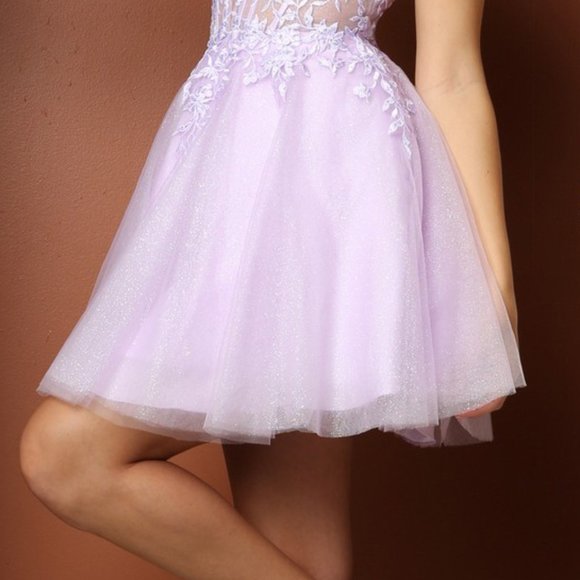 NEW LILAC OFF THE SHOULDER SLEEVELESS EMBROIDERY MINI GOWN WITH STRAPS NX T724 - Picture 9 of 11